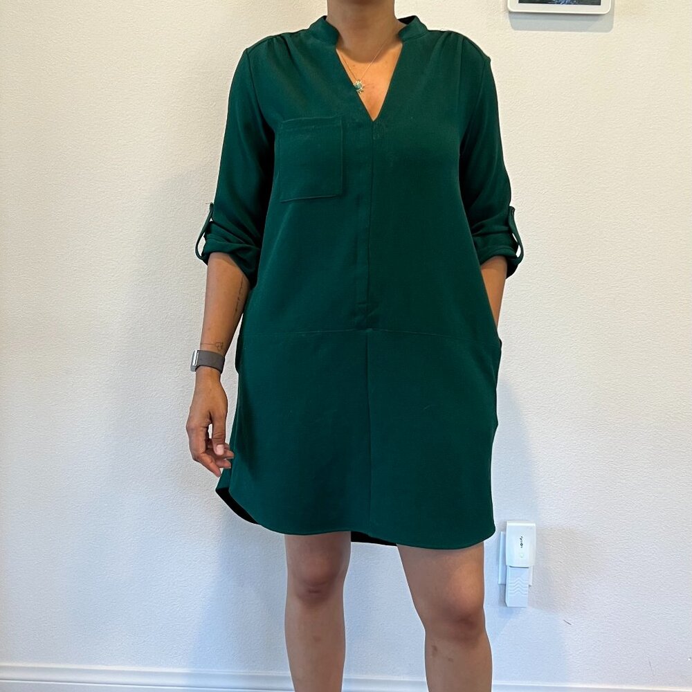 Forest Green V-Neck Tunic Dress with Pockets and Roll-Tab Sleeves